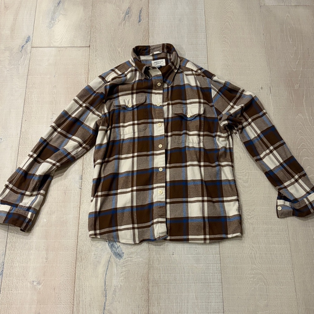 American Eagle Brown and Blue Plaid Shirt